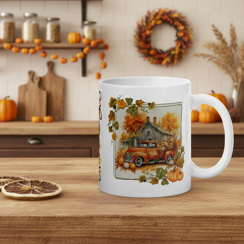 White mug with autumn-themed design featuring a vintage truck and pumpkins on a wooden table.