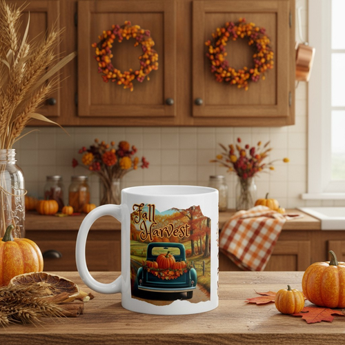 White mug with 'Fall Harvest' design in a kitchen setting with pumpkins and wreaths.