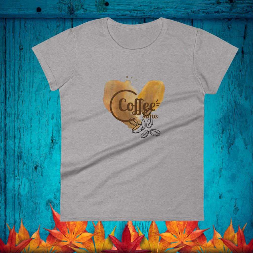 womens fitted heather grey t-shirt with image phrase coffee time in brown font, with image graphic of a heart shaped coffee stain, coffee beans