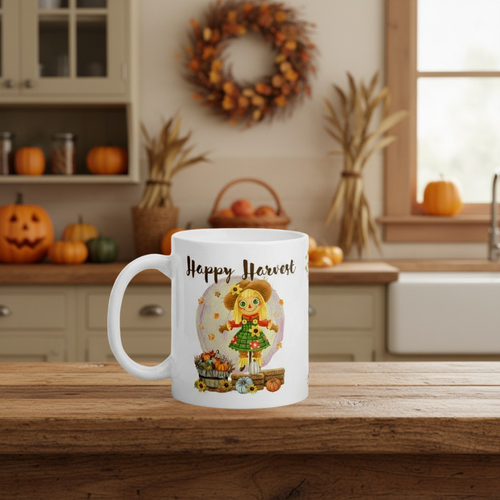 White mug with 'Happy Harvest' design featuring a scarecrow on a wooden table in a kitchen.