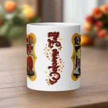 Load image into Gallery viewer, Back side view of white glossy mug which displays autumn leaves, acorns, and a cute squirrel, adding a rustic, cozy touch to your fall collection.
