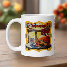 Load image into Gallery viewer, Left side view White glossy mug featuring the phrase &quot;Welcome Fall&quot; in festive font, with a vibrant autumn design of a pumpkin, a cup of hot drink, and fall flowers on a farm porch. 
