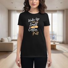 Load image into Gallery viewer, Person wearing a black t-shirt with a humorous coffee-themed design in a modern living room.
