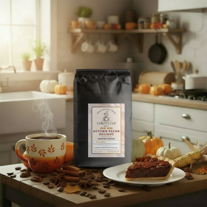 Bag of coffee labeled 'Chili's Cup' with a steaming cup, pie, and autumn decor in a kitchen.
