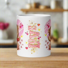 Load image into Gallery viewer, Back view of a white glossy mug featuring the phrase &quot;Love,&quot; with red hearts and golden sparkles in the background.
