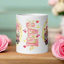 Load image into Gallery viewer, Back side view of a white glossy mug featuring the phrase &#39;Love&#39; in pink, surrounded by small red hearts and golden sparkles
