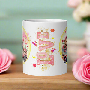 Back side view of a white glossy mug featuring the phrase 'Love' in pink, surrounded by small red hearts and golden sparkles