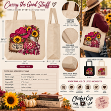 Load image into Gallery viewer, A large promotional product graphic for a canvas tote bag. The tote is shown front and side with printed artwork of a with cowgirl hat, sunflowers, leopard pumpkin and the text 'Chiefy's Cup'.
