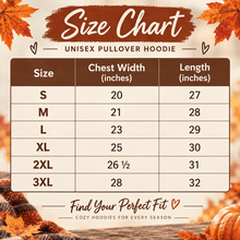 Load image into Gallery viewer, A size chart graphic for a unisex pullover hoodie, showing chest width and length measurements in inches by size from S to 3XL. The chart is styled with autumn leaves and pumpkins around the text.

