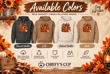 Load image into Gallery viewer, A promotional graphic showing four pullover hoodies in different fall colors with a pumpkin patch graphic on the chest. The hoodies are labeled as Charcoal Heather, Lattic, Oatmeal Heather, and Khaki.
