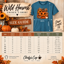 Load image into Gallery viewer, A size guide graphic for the Chiefy's Cup Wild Harvest Unisex T-Shirt, showing a heather teal graphic tee with a pumpkin and leopard print design, alongside a detailed measurement table from XS to 5XL with length, width, and chest measurements in inches and centimeters.
