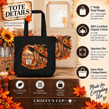 Load image into Gallery viewer, A promotional product graphic for a tote bag from Chieffy's Cup, showing two tote bags with autumn-themed printed designs and text callouts detailing features like wide dual straps, organic cotton fabric, spacious size, and eco-friendly attributes.
