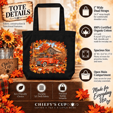 Load image into Gallery viewer, A black tote bag with a colorful autumn picnic illustration on the front, surrounded by decorative fall leaves, pumpkins, and text callouts detailing its features. The brand 'Chiefy's Cup' is visible at the bottom.

