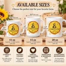 Load image into Gallery viewer, A size comparison infographic for ceramic mugs labeled 'Chiefy's Cup' with three mug illustrations showing 11 oz, 15 oz, and 20 oz capacities, plus dimensions and text describing product features on a warm beige background.
