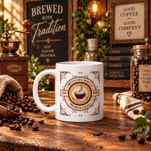 Load image into Gallery viewer, A white ceramic coffee mug with a vintage-style gold and brown coffee company logo, displayed on a rustic wooden table surrounded by coffee beans, a coffee grinder, books, and decorative signs.
