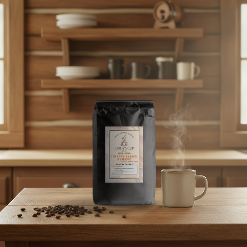 Coffee bag with a label, steaming mug, and coffee beans on a wooden table in a cozy kitchen setting.