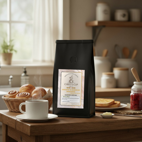Black coffee bag labeled 'Chief's Cup' on a wooden table with a cup of coffee and pastries.