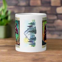 Load image into Gallery viewer, Back side view of a white glossy mug showcasing a watercolor design of mountains, pine trees, small black birds in flight, and a yellow sun in the background.
