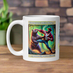 Left side view of a white glossy mug featuring the phrase "Conquer this day one sip at a time" and a watercolor design of a lumberjack fighting off a bear in a forest with one hand while holding a cup of coffee in the other, set against a yellow-green background.