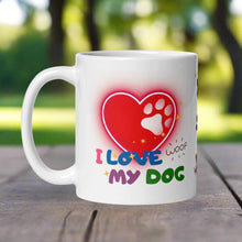 Load image into Gallery viewer, Left side view of a white glossy mug with a neon red heart featuring a white paw print inside, the phrase “I love my dog,” and the playful word “woof.”
