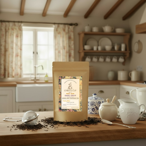 Tea packaging on a wooden surface with a kitchen in the background