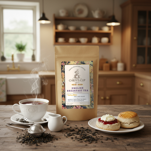 Tea bag with a label on a wooden table in a kitchen setting, featuring a steaming cup of tea and scones.