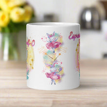 Load image into Gallery viewer, Back side view white glossy mug with image design of watercolor bunny ballerinas dancing, with pink stars in the background and waving wands, surrounded by pastel hues.
