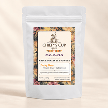 Load image into Gallery viewer, A stand-up pouch of Chiefy's Cup Coffee Co. Matcha Green Tea Powder on a light beige background.
