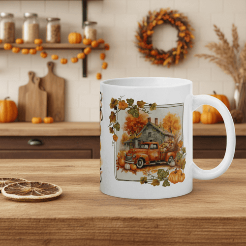 White mug with autumn-themed design featuring a truck and pumpkins on a wooden table.