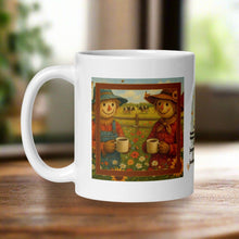 Load image into Gallery viewer, Left side view of a white glossy mug featuring a happy male and female scarecrow couple in a flower-filled field, each holding a cup of coffee.
