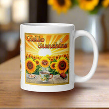 Load image into Gallery viewer, Right side view white glossy mug with image phrase &quot;Hello Sunshine,&quot; featuring sunflowers, a tabletop with a cup of coffee, books, and a plate of desserts, with a glowing sunrise in the background.
