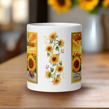 Load image into Gallery viewer, Back side view white glossy mug with image design of a vine of sunflowers, butterflies, and golden sparkles in the background.
