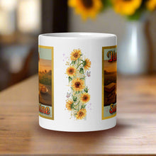 Load image into Gallery viewer, Back side view of a white glossy mug featuring a vine of sunflowers with butterflies and golden sparkles in the background.
