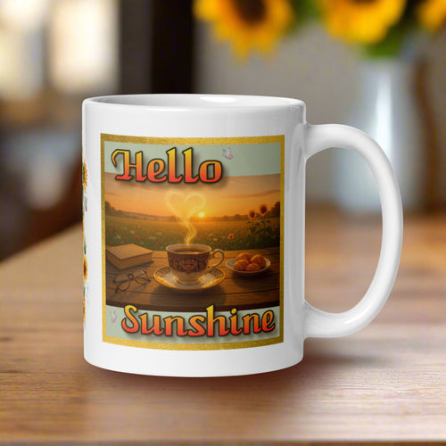 Right side view of a white glossy mug featuring the phrase 