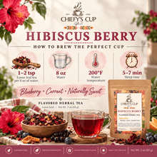 Load image into Gallery viewer, Chiefy's Cup Hibiscus Berry Flavored Herbal Tea advertisement showing a stand-up pouch package, brewed tea in a glass cup, loose leaf tea in a wooden bowl, and instructional brewing tips with ingredients like blueberries, oranges, and hibiscus flowers.
