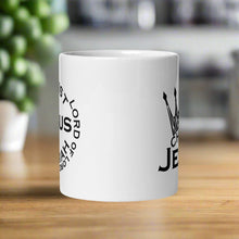 Load image into Gallery viewer, Back side view white glossy mug with image phrase King of Kings, Christ Jesus
