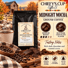 Load image into Gallery viewer, A bag of Chiefy's Cup Coffee Co. Midnight Mocha ground coffee is shown in a rustic autumn-themed setting with coffee beans, chocolate pieces, a mug, and informational text panels describing the flavor and roast.
