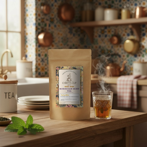 Moroccan mint tea package with a steaming glass of tea on a kitchen counter.
