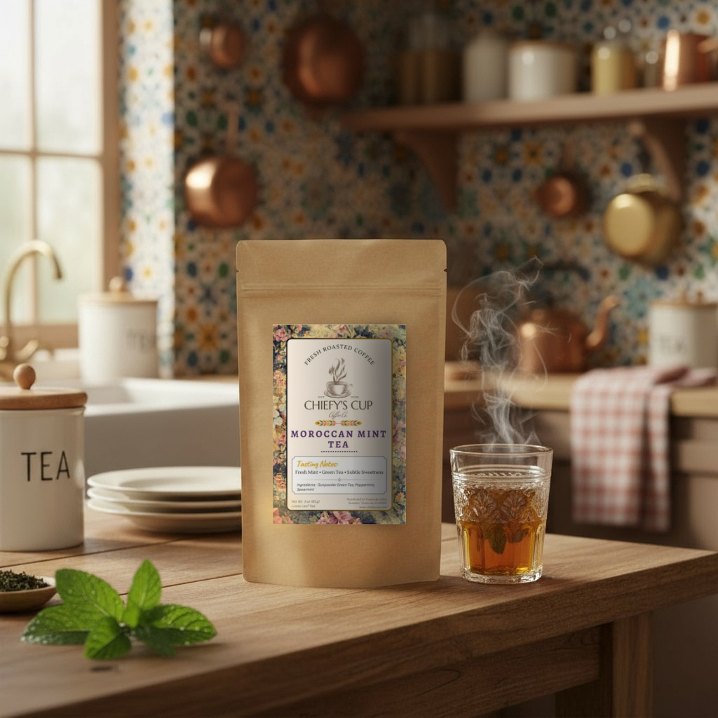 Moroccan mint tea package with a steaming glass of tea on a kitchen counter.