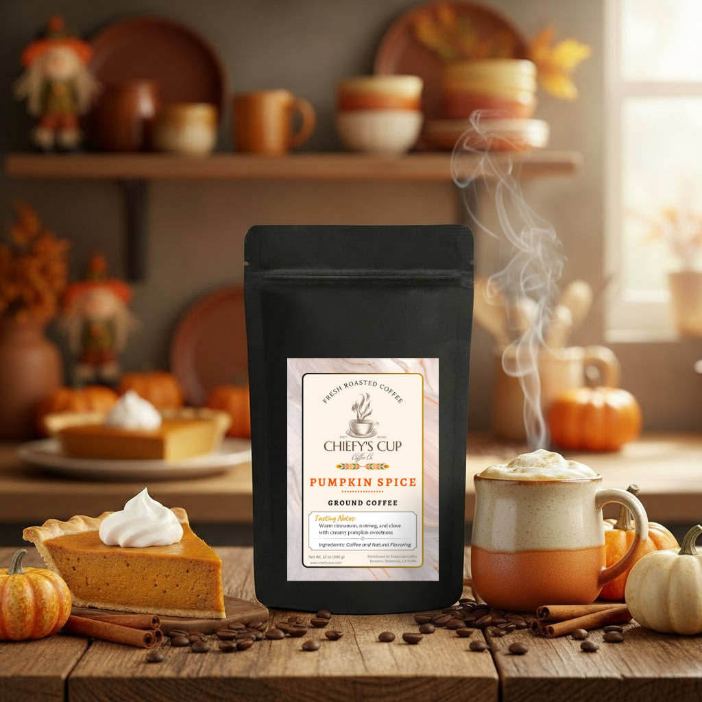 Chiefy's Cup pumpkin spice coffee package with a steaming mug and pumpkin pie on a wooden table.