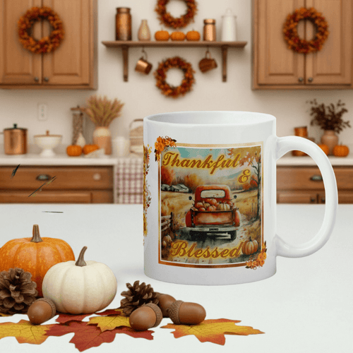 White mug with autumn-themed design featuring a truck and pumpkins, placed on a table with pumpkins and leaves in a kitchen setting.