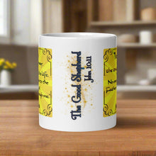 Load image into Gallery viewer, Back side view of white glossy mug featuring the phrase &quot;The Good Shepherd&quot; with Bible verse John 10:11, surrounded by golden sparkles.
