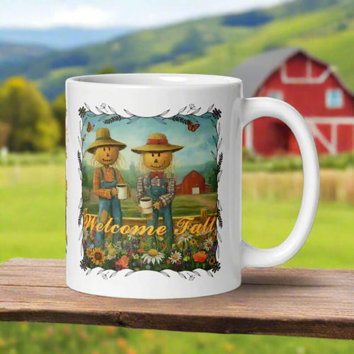 Mug with 'Welcome Fall' design featuring scarecrows on a wooden surface with a scenic background.