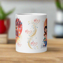 Load image into Gallery viewer, Back side view white glossy mug featuring watercolor hearts in the background with golden sparkles and soft bubbles.

