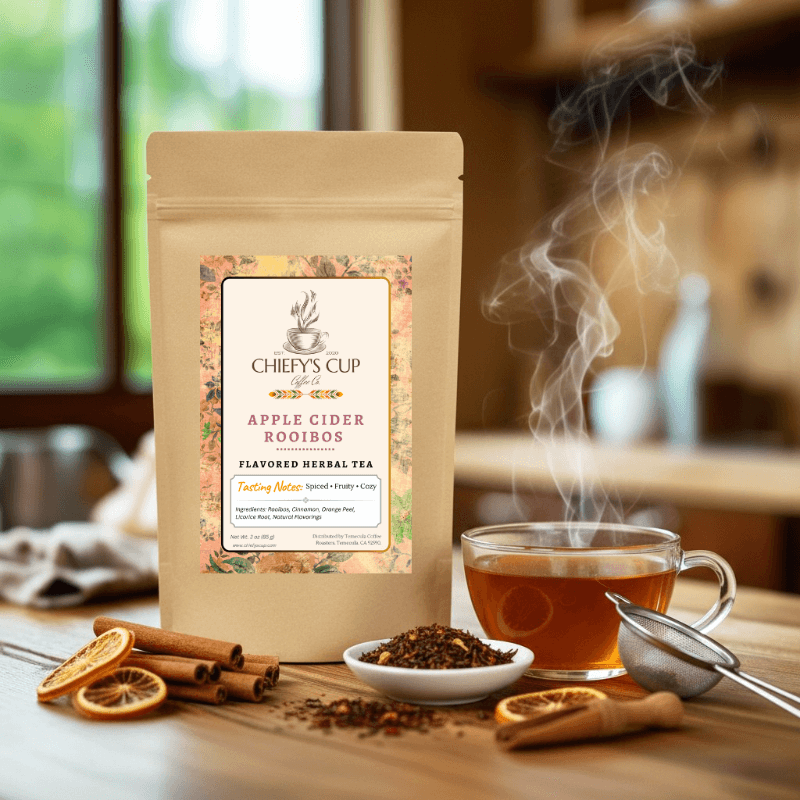 Front view of a brown tea pouch featuring the Chiefy’s Cup logo and Apple Cider Rooibos Tea label. The pouch is set on a rustic wooden countertop surrounded by a steaming teacup, orange slices, and cinnamon sticks, softly lit by natural window light to evoke cozy fall mornings.
