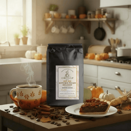 Bag of Chiefy’s Cup Autumn Pecan Delight coffee beside a steaming mug and a slice of pecan pie with pumpkins in the background.