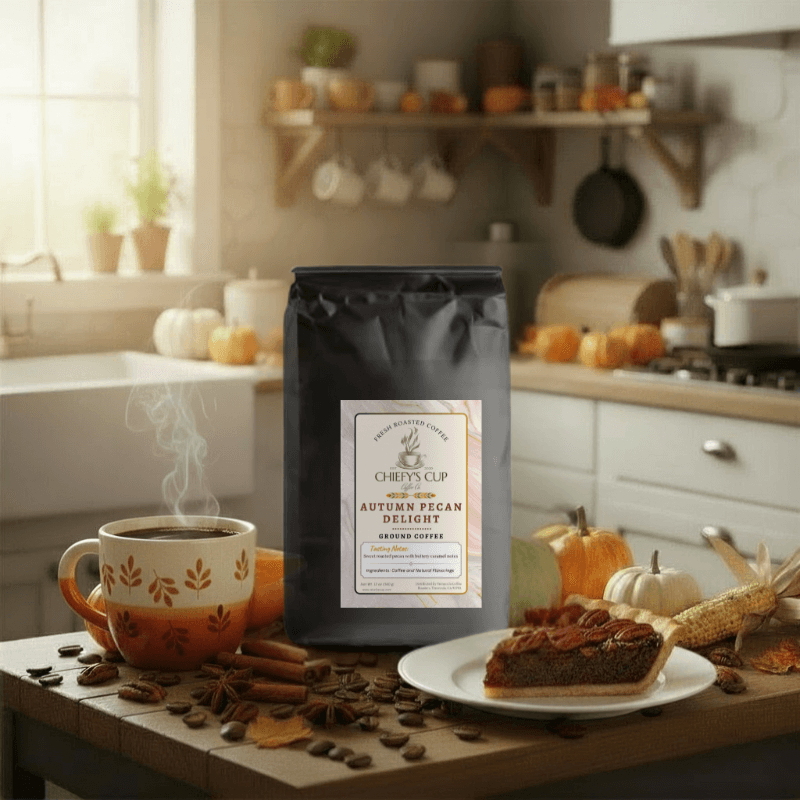 Bag of Chiefy’s Cup Autumn Pecan Delight coffee beside a steaming mug and a slice of pecan pie with pumpkins in the background.