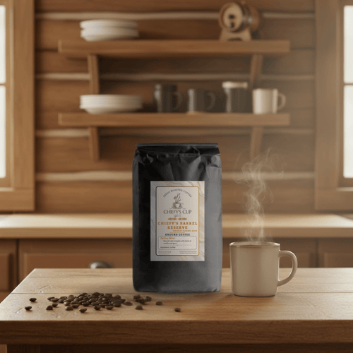 Dark roast coffee bag labeled ‘Chiefy’s Cup Barrel Reserve’ resting on a rustic wooden table surrounded by scattered coffee beans and a steaming mug, evoking a rich, barrel-aged aroma.