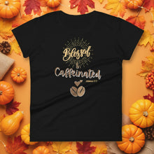 Load image into Gallery viewer, Black t-shirt with &#39;Blessed &amp; Caffeinated&#39; text on a fall-themed background with pumpkins and leaves.
