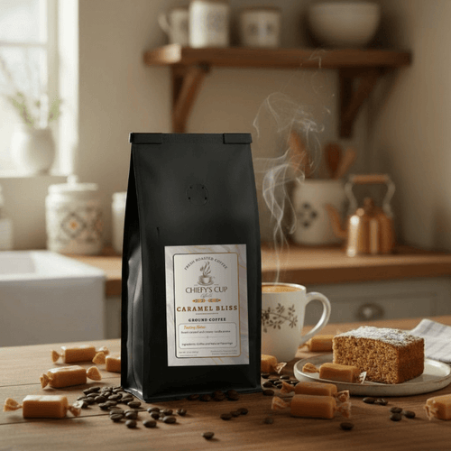 Black coffee bag labeled ‘Chiefy’s Cup’ on a wooden table with scattered coffee beans, a warm cup of coffee, and a slice of cake beside it.